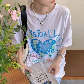 Heart Print Short Sleeve Tee White - One Size
