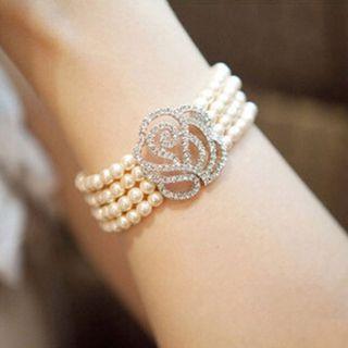 Rhinestone Rose Pearl Layered Bracelet