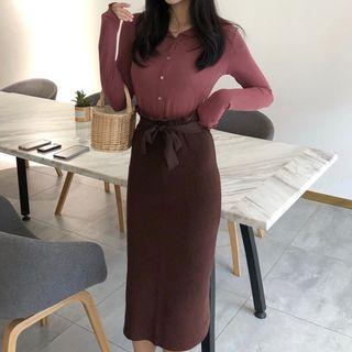 Paperbag-waist Midi Knit Pencil Skirt Red - One Size