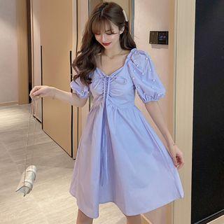 Elbow-sleeve Embellished Midi A-line Dress