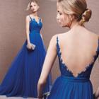 Lace Panel Open-back Evening Gown