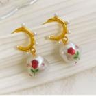 Rose Faux Pearl Drop Earring 1 Pair - S925 Silver Stud Earrings - Gold - One Size