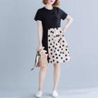 Short-sleeve Dotted Panel Mini Dress Black - One Size