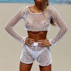 Set: Fishnet Long-sleeve Cover-up + Mesh Shorts