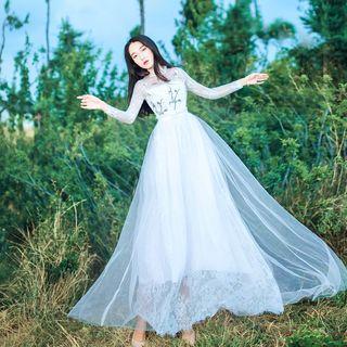 Embroidery Tulle-overlay Midi Dress