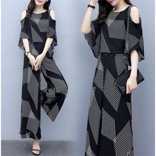 Set: Cold-shoulder Top + Wide-leg Pants