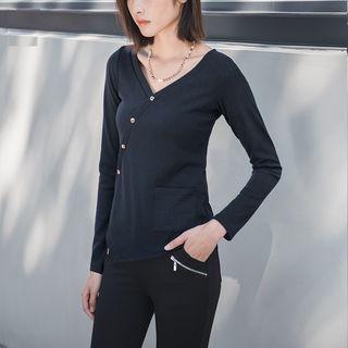 Asymmetric Hem Button Down Long Sleeve Knit Top