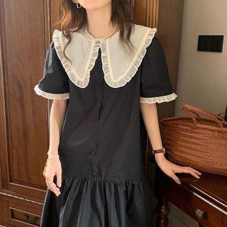 Short-sleeve Wide-collar Frill Trim Midi A-line Dress
