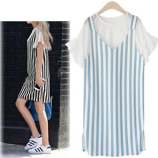 Set: Short-sleeve Ruffle Top + Strappy Striped Dress