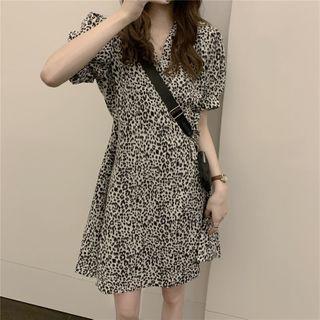 Short-sleeve Leopard Print Chiffon A-line Mini Dress As Shown In Figure - One Size
