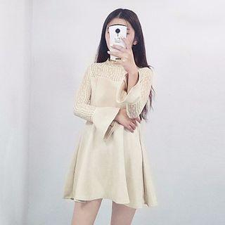 Mesh Panel Faux Suede Long Sleeve Dress