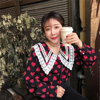 Lace Collar Long-sleeve Heart Print Blouse