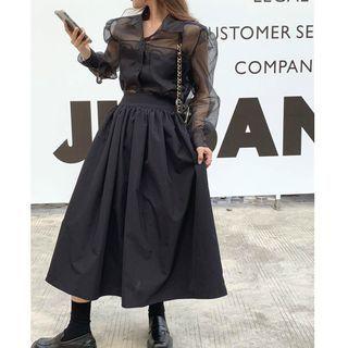 See-through Long-sleeve Blouse / A-line Skirt / Flower Cardigan
