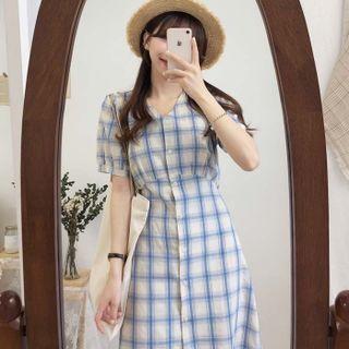 Plaid Short-sleeve Button-up A-line Midi Dress