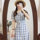 Plaid Short-sleeve Button-up A-line Midi Dress