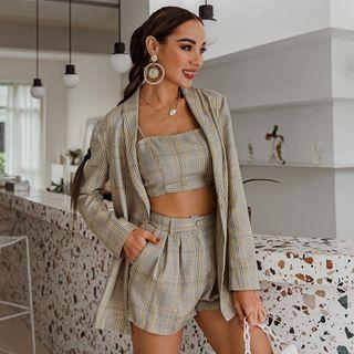 Set: Plaid Blazer + Crop Cami Top + Shorts