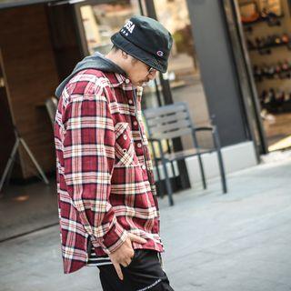 Mock Two-piece Long-sleeve Plaid Hooded Shirt