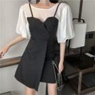 Plain Puff-sleeve Blouse / Spaghetti Strap Mini A-line Dress