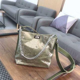 Glossy Stitched Crossbody Bucket Bag