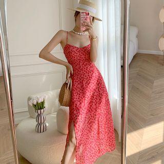 Spaghetti Strap Heart Print Midi Dress