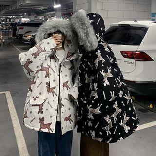 Furry Trim Hooded Reindeer Print Jacket