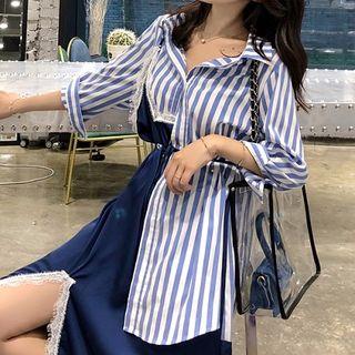 Mock Two-piece Lace Panel Striped Blouse As Shown In Figure - One Size