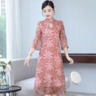 Traditional Chinese 3/4-sleeve Chiffon A-line Dress