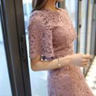 Flared-sleeve Lace Sheath Dress