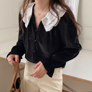 Puff-sleeve Lace Collar Blouse Black - One Size