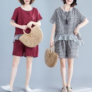 Set: Short-sleeve Plaid Top + Plaid Wide Leg Shorts