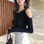 Long-sleeve Cold-shoulder Bow-accent Knit Top