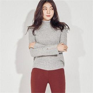 Mock-neck Metallic-button Wool Blend Knit Top