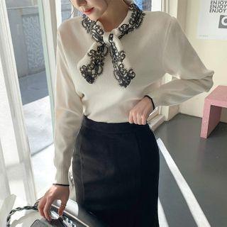 Lace-trim Tie-neck Knit Top