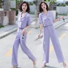 Set: Short-sleeve Double-breasted Cropped Blazer + Wide Leg Pants