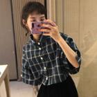Elbow-sleeve Plaid Shirt Blue & Green - One Size