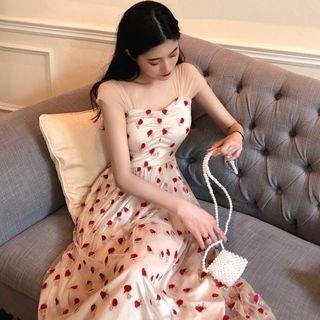 Cap-sleeve Embroidered A-line Midi Dress
