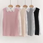 Set: Long-sleeve Lace Blouse + Knit Vest