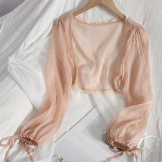 Lace Trim Cropped Chiffon Jacket