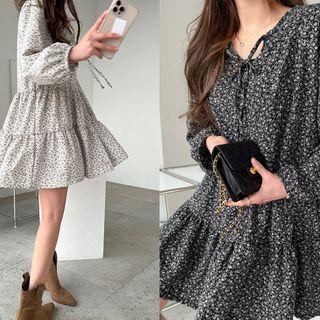 Tie-neck Floral Tiered Dress