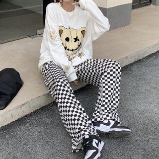 Check Wide-leg Pants / Bear Print Sweatshirt