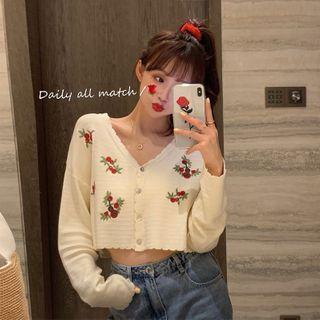 Embroidered Cropped Cardigan Almond - One Size