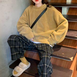 Long-sleeve Oversize Plain Lambswool Sweatshirt / Plaid Woolen Pants