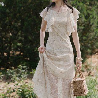 Ruffle Trim Short-sleeve Midi A-line Lace Dress
