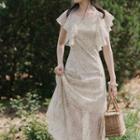 Ruffle Trim Short-sleeve Midi A-line Lace Dress