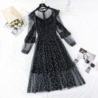 Ruffle Trim Dotted Mesh Maxi Dress