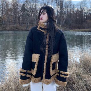 Color-block Woolen Coat Black - One Size