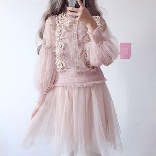 Set: Long-sleeve Lace Blouse + Camisole