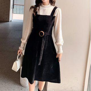 Mock Two Piece Puff-sleeve Corduroy Tie-waist Midi Dress