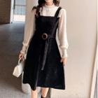 Mock Two Piece Puff-sleeve Corduroy Tie-waist Midi Dress