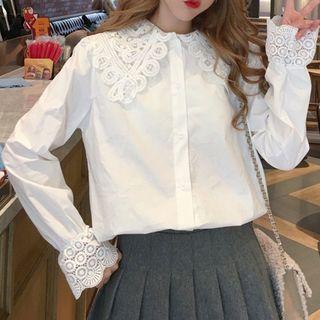 Crochet Lace Panel Shirt White - One Size